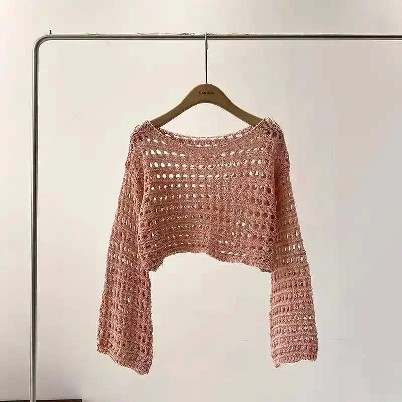 Long Sleeve Crochet Knit Top Pullover Wool Knitwear Outfit
