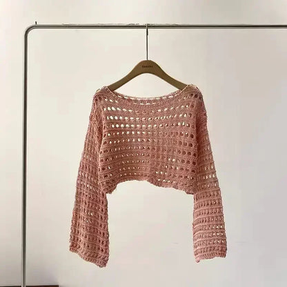 Long Sleeve Crochet Knit Top Pullover Wool Knitwear Outfit