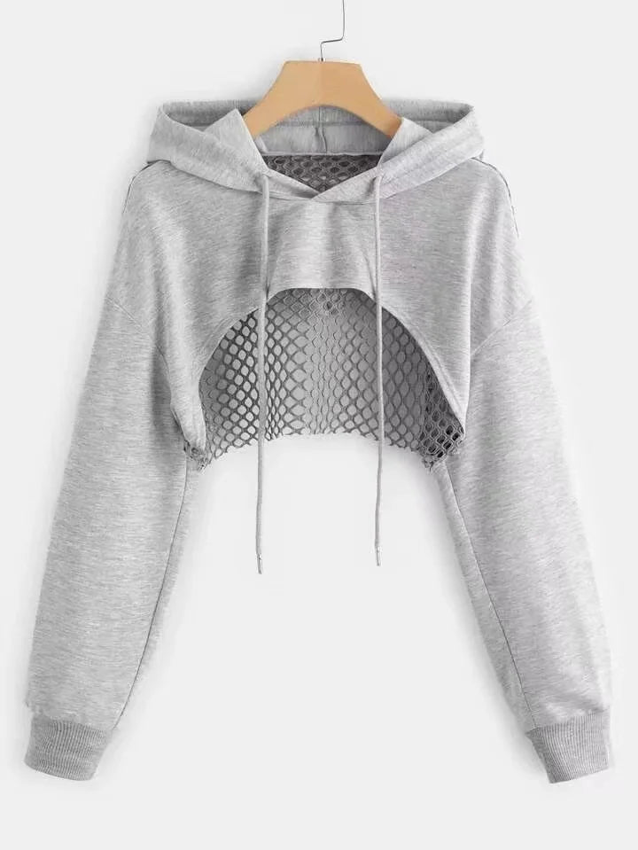 Street Sport Drop Shoulder Drawstring Hollow Out Super Crop Sports Hoodie