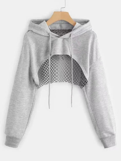 Street Sport Drop Shoulder Drawstring Hollow Out Super Crop Sports Hoodie