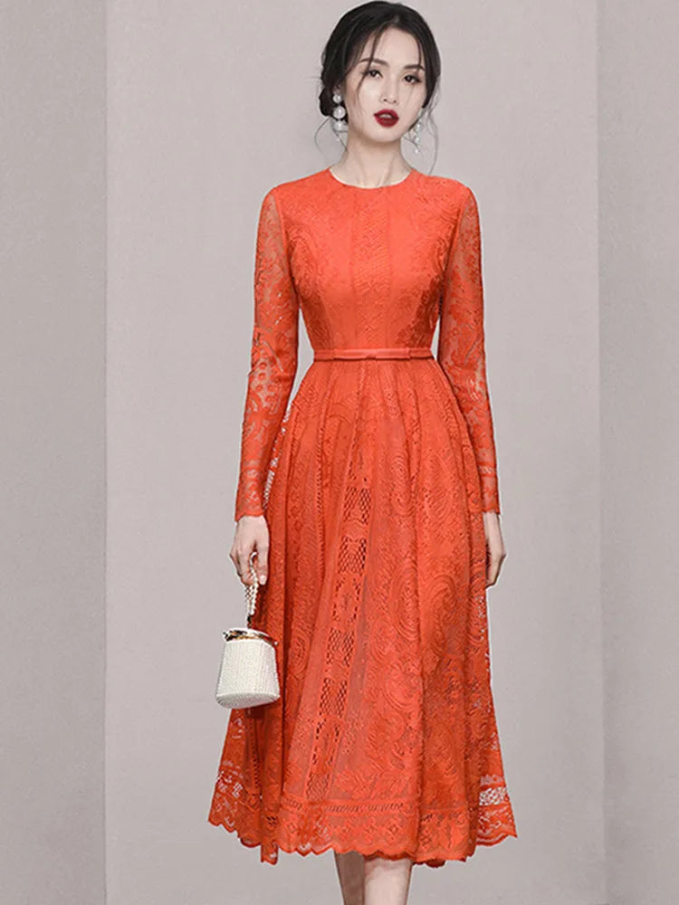 Women New Fashion Temperament Long Sleeve Lace Hollow Out Dress