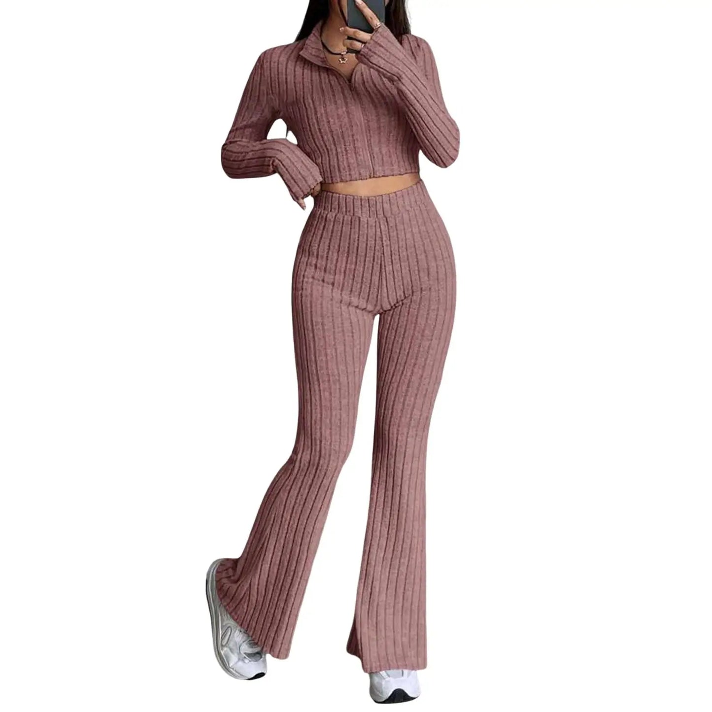 Long Sleeved Short Top and High Waisted Flared Pants Set for Women's Casual Wear