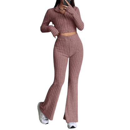 Long Sleeved Short Top and High Waisted Flared Pants Set for Women's Casual Wear