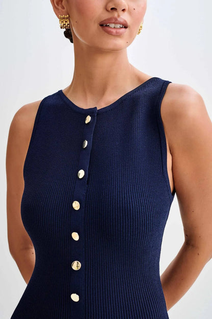 Long Dresses Women Solid Sleeveless O Neck Button