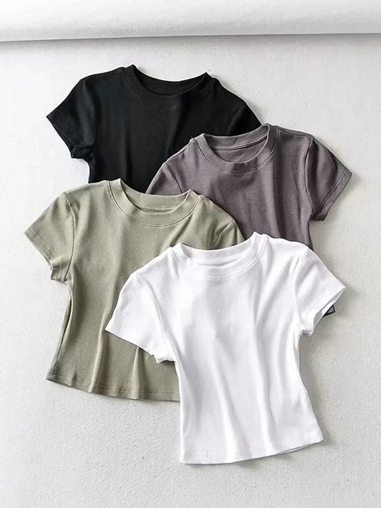Summer Sexy Women O-neck Short-sleeve T-shirt Slim Elastic Skinny Tops
