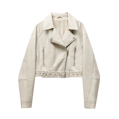 Women Vintage Leather Short Jacket with Belt