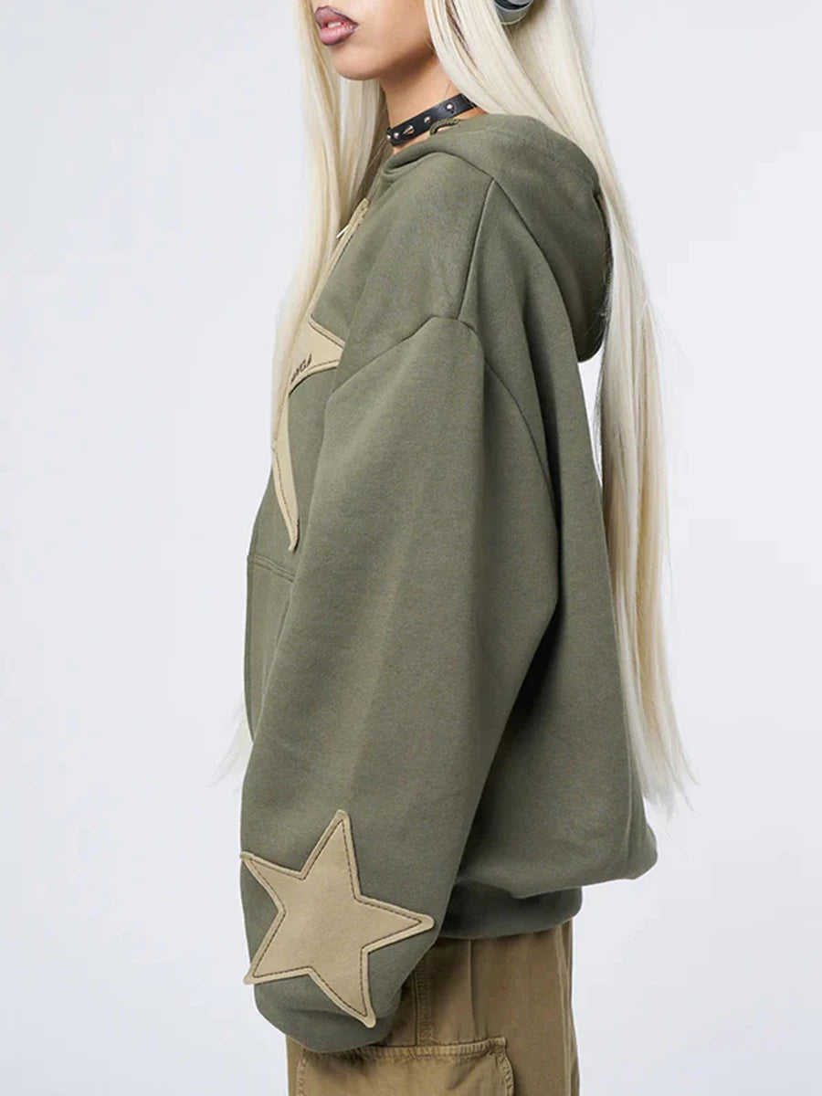Vintage Star Print Hooded Hoodie for Women Casual Loose Long Sleeve Zip Up