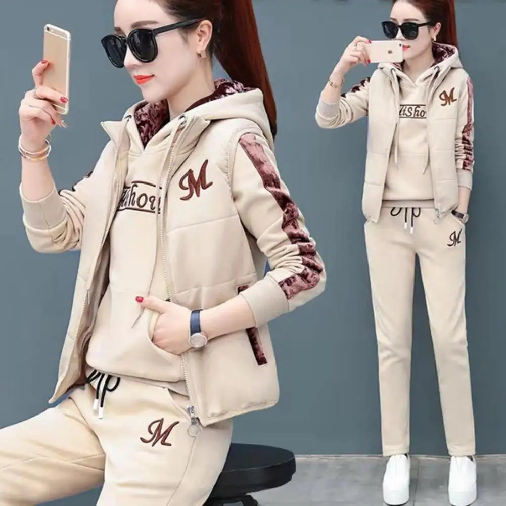 Women's Waistcoat Set Letter Embroidery Hooded Drawstring Elastic Cuff Soft for Fall