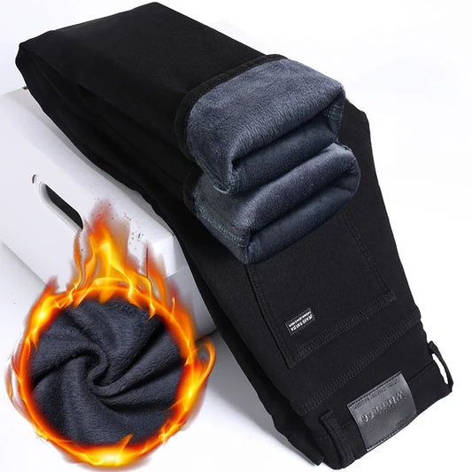 Men Black Straight Stretch Denim Thick Velvet Pants