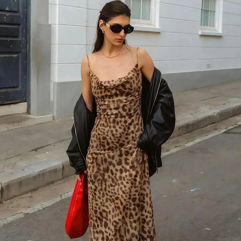 Leopard print V-neck backless street dress