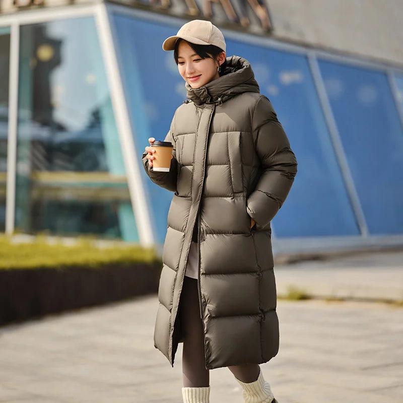 Women Long Length Loose Hooded Coat Simple Down Jacket