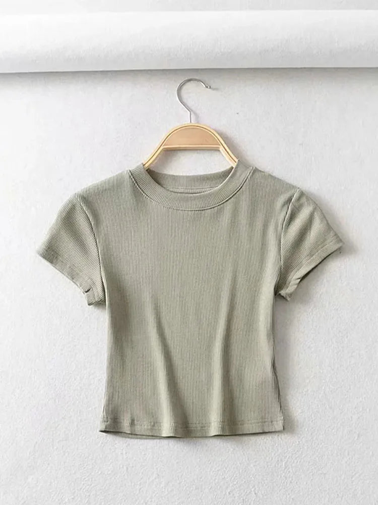 Summer Sexy Women O-neck Short-sleeve T-shirt Slim Elastic Skinny Tops