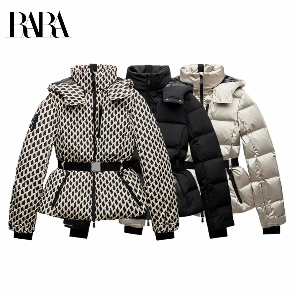 women's fashion waist with belt hooded down cotton jacket