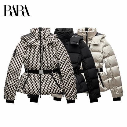 women's fashion waist with belt hooded down cotton jacket