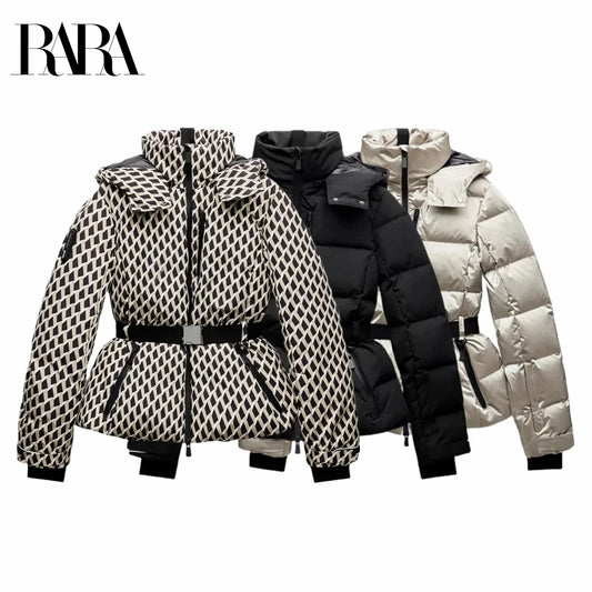 women's fashion waist with belt hooded down cotton jacket