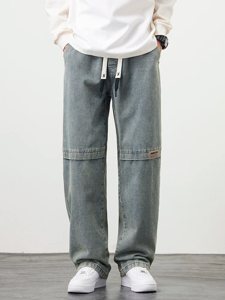 Men's Jeans Large Size String Banding Wide Leg Denim Pants