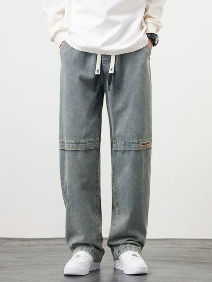 Men's Jeans Large Size String Banding Wide Leg Denim Pants