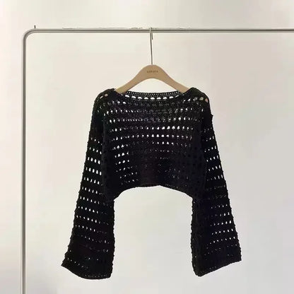 Long Sleeve Crochet Knit Top Pullover Wool Knitwear Outfit