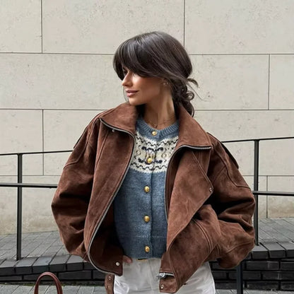 Casual Coat Vintage Lapel Solid Zipper Short Jacket