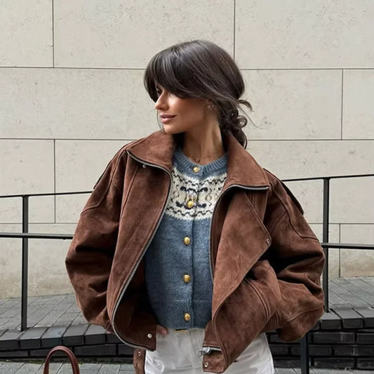 Casual Coat Vintage Lapel Solid Zipper Short Jacket