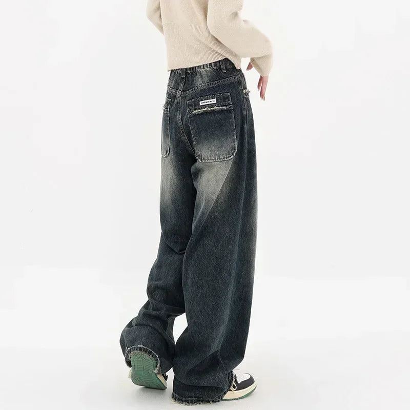 Streetwear Women High Waist Jeans Loose Wide Leg Straight Loose Denim Trousers