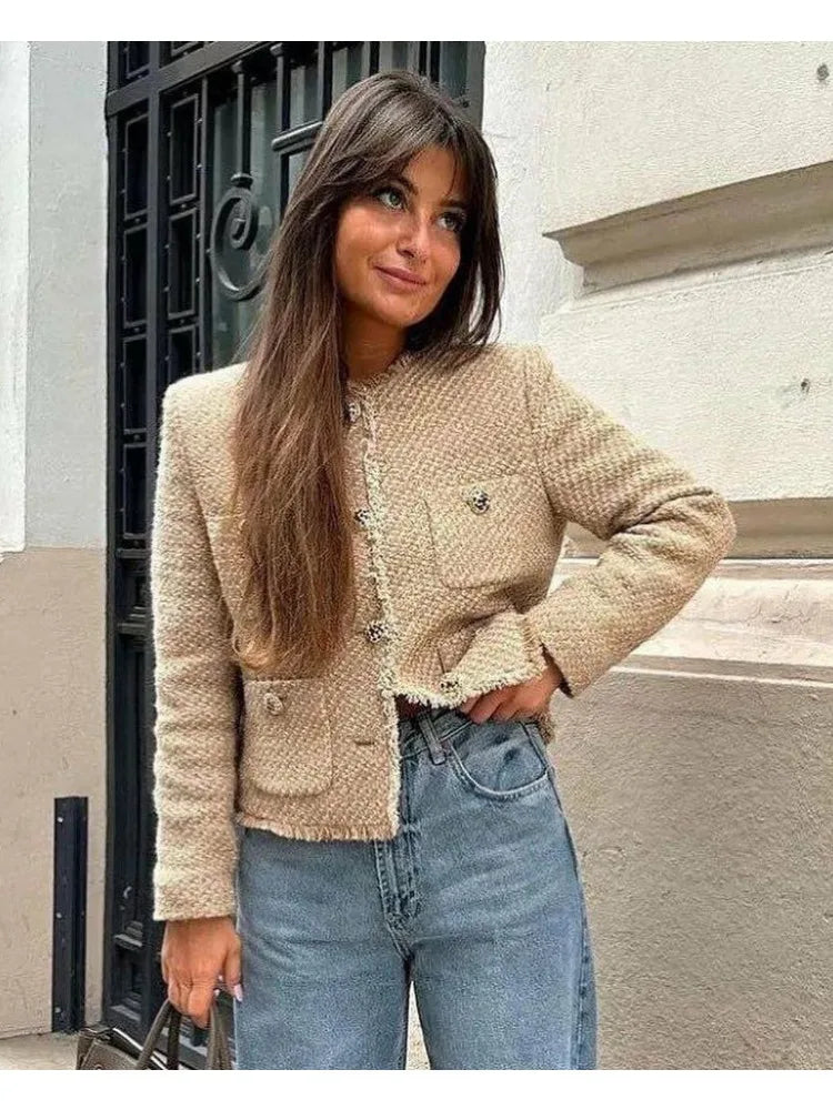 Women Clothing Woolen Outerwear Long Sleeve Front Button Female Outerwear Chic Tops