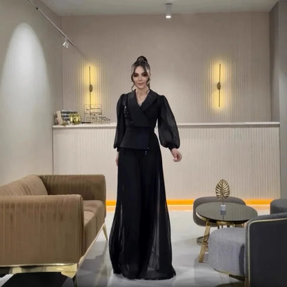 Long Skirt Suit Set with Tassel Lace Pleated Suit Women