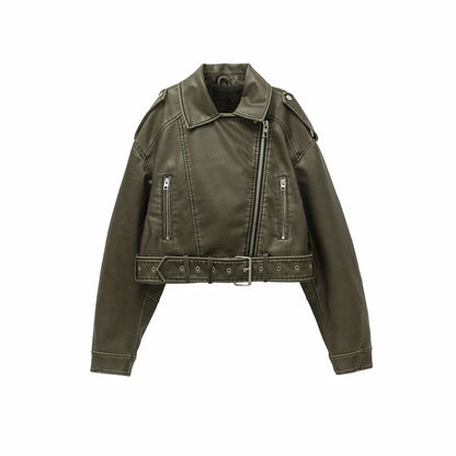 Women Vintage Leather Short Jacket with Belt