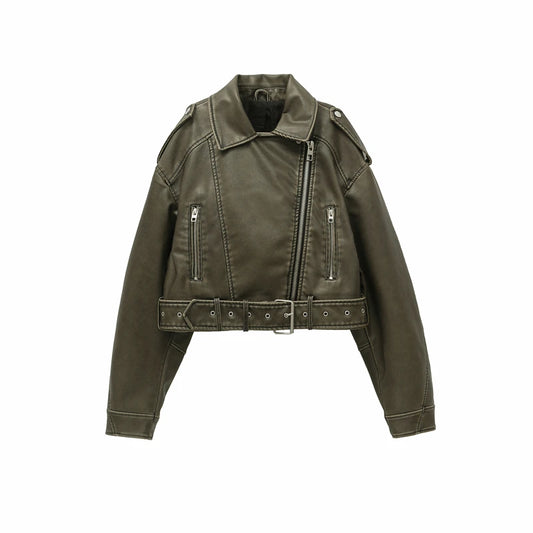 Women Vintage Leather Short Jacket with Belt