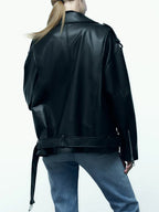 Women Loose Motorcycle Biker Black Leather Jacket with Belt