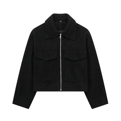 Women Fashion Patch Pockets With Flaps Cropped Jacket Coat