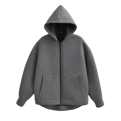 Women Gray Jacket With Hood Long Sleeve Big Pocket