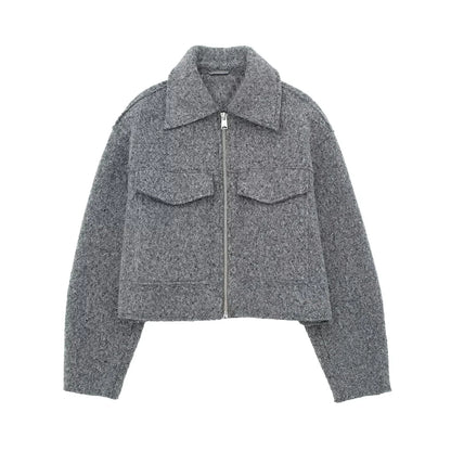 Women Fashion Patch Pockets With Flaps Cropped Jacket Coat