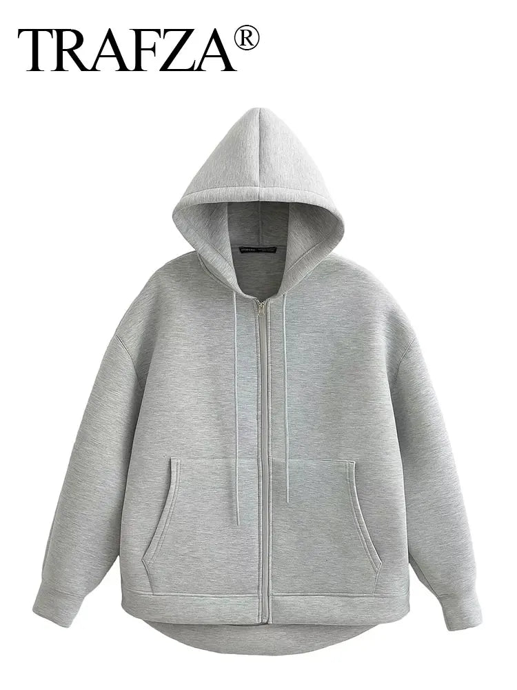 Women Gray Jacket With Hood Long Sleeve Big Pocket