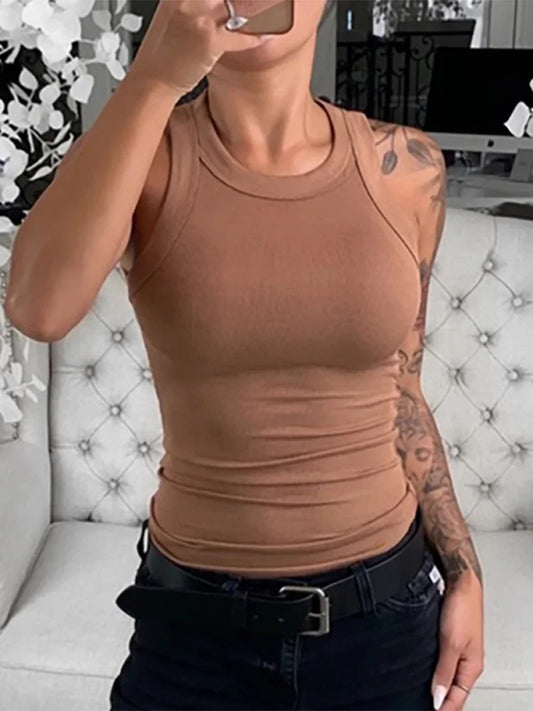 Summer Basic Elastic Tank Top O Neck Solid Top