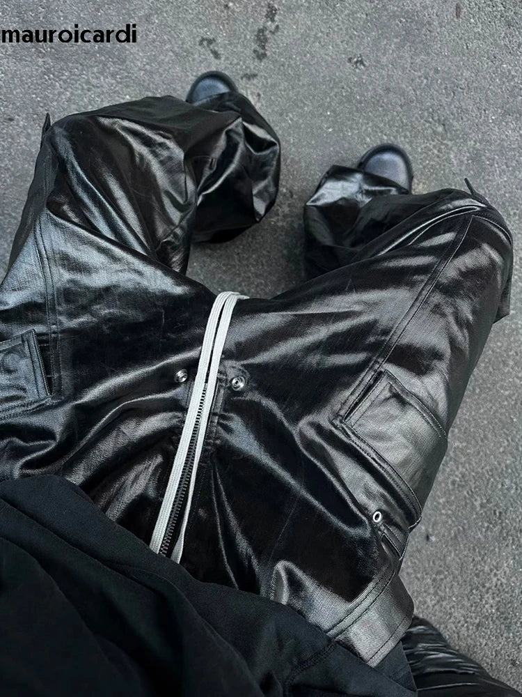Autumn Cool Black Shiny Reflective Leather Wide Leg Pants for Men
