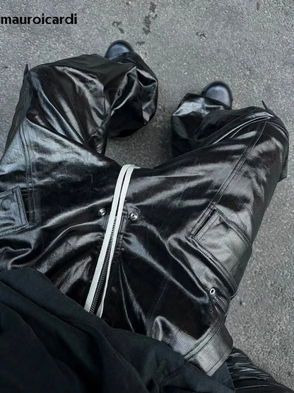 Autumn Cool Black Shiny Reflective Leather Wide Leg Pants for Men