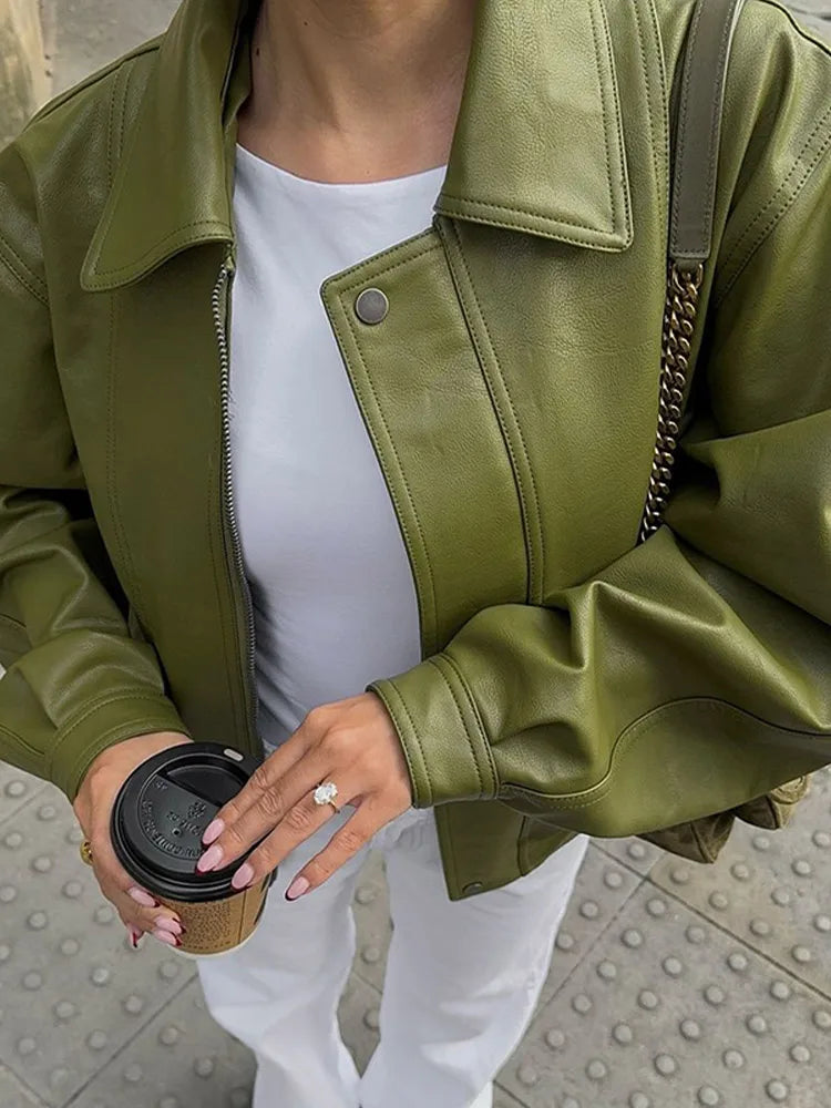 Fashion Green Loose Leather Jackets Women's  Long Sleeve Short Coats