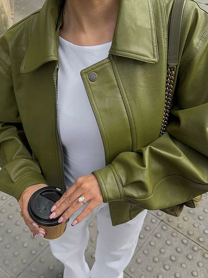 Fashion Green Loose Leather Jackets Women's  Long Sleeve Short Coats