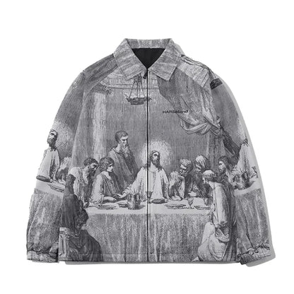 Autumn Men Jacket Oversized Painting Printing Couples Thin Casual Jackets Male Female Silk Vintage Clothing Man Coats Outerwear