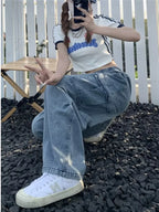 Straight Leg Jeans For Female Loose And Multi Pocket Wide Leg Pants