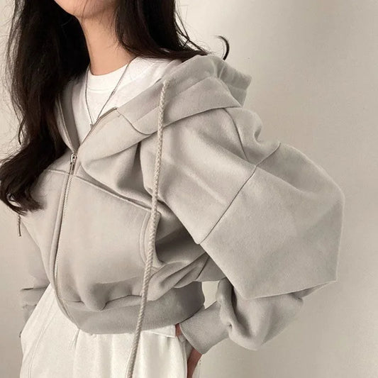 Autumn And Winter New Fashion Short Slim Zipper Warm Solid Color Hoodie