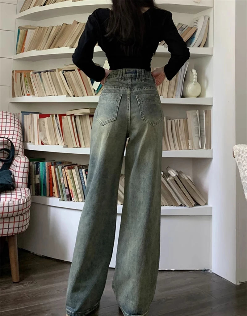 Retro Washed Vintage Jeans For Women Loose Wide Leg Pants Casual Pants