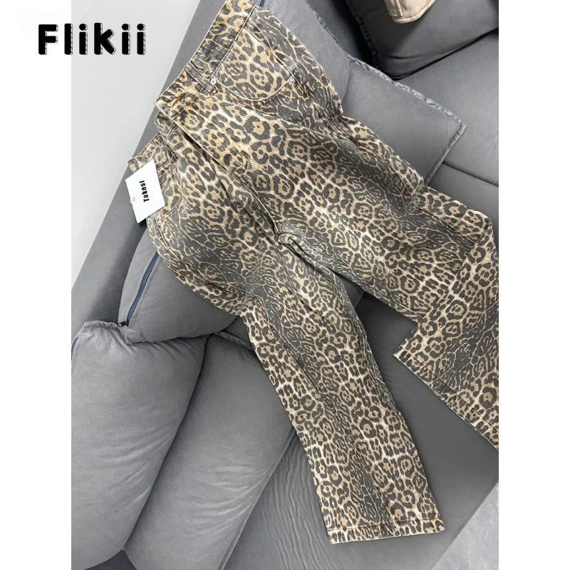 American Retro Leopard High Waist Baggy Jeans Women's Casual Pockets