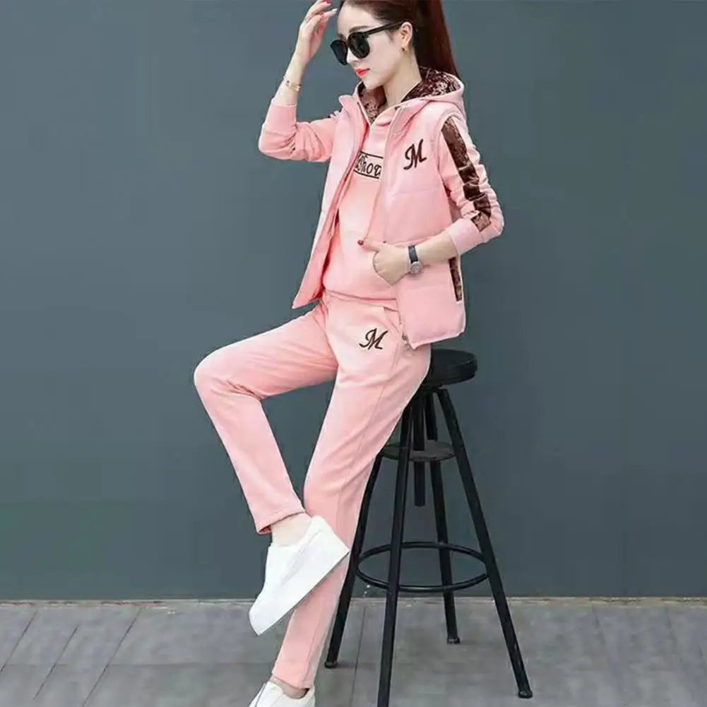 Women's Waistcoat Set Letter Embroidery Hooded Drawstring Elastic Cuff Soft for Fall