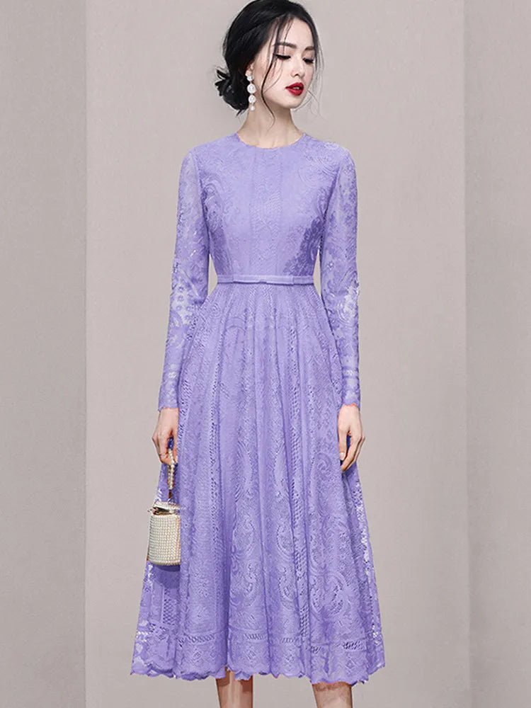 Women New Fashion Temperament Long Sleeve Lace Hollow Out Dress