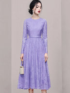 Women New Fashion Temperament Long Sleeve Lace Hollow Out Dress