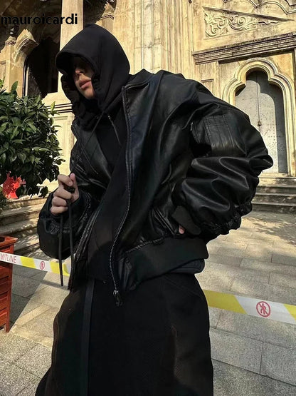 Winter Oversized Cool Black Thickened Warm Pu Leather Bomber Jacket Men