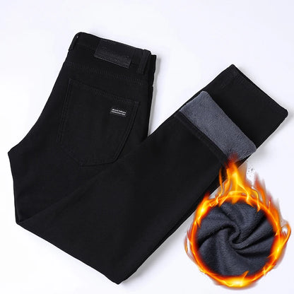 Men Black Straight Stretch Denim Thick Velvet Pants