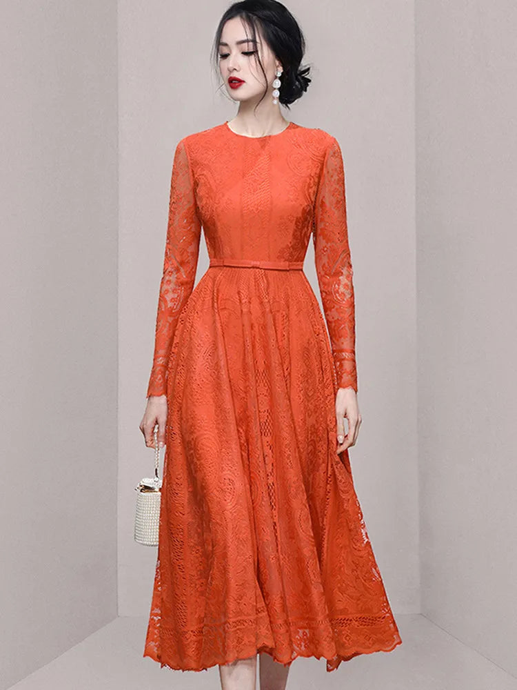 Women New Fashion Temperament Long Sleeve Lace Hollow Out Dress